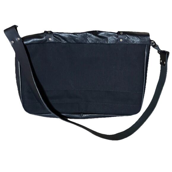 Mens Large Leather & Wool Messenger Bag Crossbody Briefcase Travel Gray Black - Picture 3 of 8